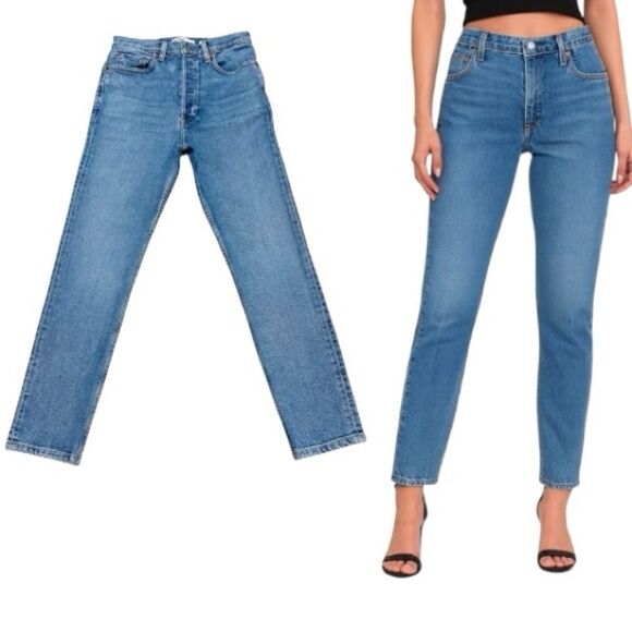 RE/DONE Stretch High Rise Straight Leg Jeans 27x28 Mid 90s Wash USA - Picture 1 of 14